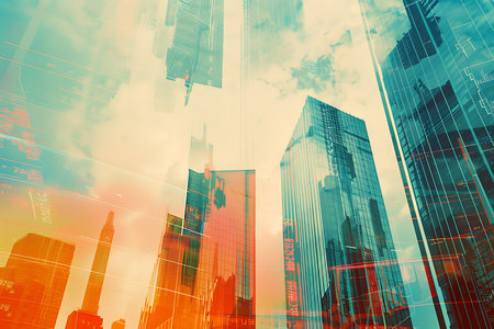 Modern city with financial graph on skyscrapers backgroundの素材