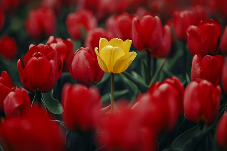 One yellow tulip between red tulips in the gardenの素材