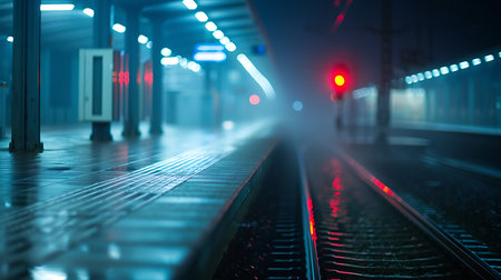 Railway station at night in fog. Shallow depth of fieldの素材