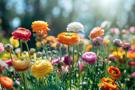 Summer meadow with colorful flowers and sun rays, nature backgroundの素材