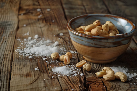 Roasted peanuts in a cup and salt on wooden background (1)の素材