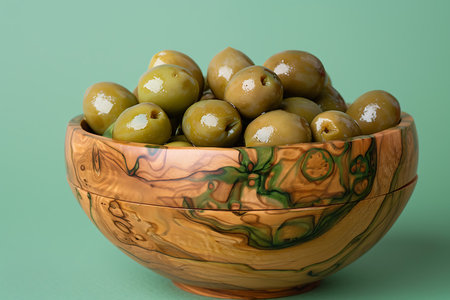 A wooden bowl filled with green olives on a tableの素材