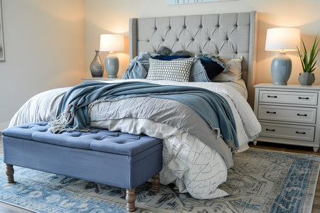 Luxury bathroom interior with large comfortable bed and chest with glass windowの素材