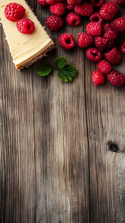 Top view of a cheesecake slice accompanied by vibrant raspberries and green leaves arranged on a rustic wood grain surface that serves as a natural backdrop.の素材