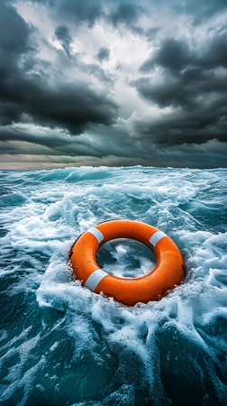 Dramatic image featuring an orange lifebuoy adrift amidst turbulent ocean waves, under a dark, threatening sky, showcasing nature's power and the hope of rescue.の素材