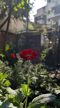 Features a vivid red Gerbera daisy, its petals catching light, set against blurred greenery. Captured in a natural outdoor garden environment.の素材
