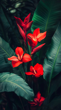 Captivating botanical view showcasing bright red Canna Lily flowers set against large, detailed green leaves, capturing a vibrant contrast in a natural setting.の素材