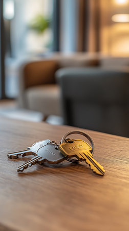 Features a set of house keys with silver and gold finish on a key ring, lying on a wooden table indoors, blurred couch, and bokeh.の素材