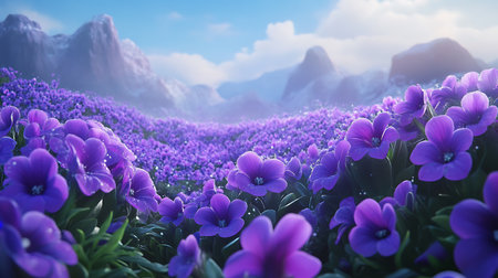 Features a lush meadow of vibrant purple flowers set against a backdrop of majestic mountains under a clear, bright sky, creating a scenic and serene landscape.の素材