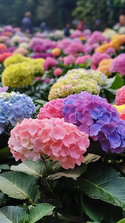 Captures a vibrant field of colorful hydrangeas, showcasing blooms in pink, blue, purple, and yellow tones. Lush green leaves complement the blossoms.の素材
