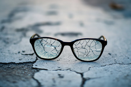 Features black rimmed glasses with shattered lenses placed on a cracked, textured pavement surface. Soft blurred background and selective focus on the glasses.の素材
