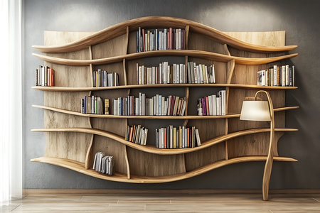 Wood-grain wavy bookshelf showcases books, illuminated by a lamp against a gray wall in a room with wood flooring creating inviting interior design.の素材