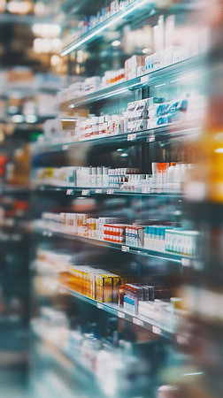 Features rows of medicine boxes and bottles arranged on illuminated metal shelves in a blurred pharmacy interior, evoking a sense of focus and abundance, emphasizing pharmaceutical products.の素材