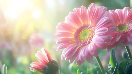 Showcases three vibrant pink Gerbera daisies, one closed and two fully bloomed, under soft, glowing sunlight. The gentle background enhances the floral detail.の素材