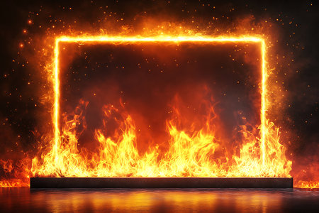 Dynamic composition featuring a square portal engulfed in bright orange flames and sparkling embers set above a stone platform against a dark, dramatic background.の素材