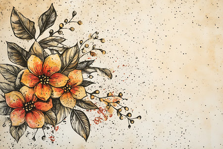 Features a hand-drawn flower arrangement with orange blossoms, detailed leaves, and berries set against a textured, light neutral background with subtle splatter effects.の素材