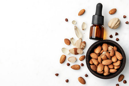 Features almonds in a wooden bowl next to an oil dropper with surrounding nuts, seed and oil droplets on a textured white surface in a studio shot.の素材