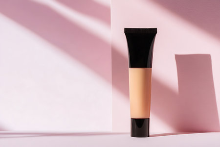 Features a cosmetic tube with a black cap on a pink backdrop, creating shadows. It shows elegant design for beauty or care product representation.の素材