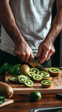 Displays an anonymous male chef meticulously slicing fresh kiwi on a wooden board using a knife. The image highlights vibrant colors and the fruit's juicy texture.の素材