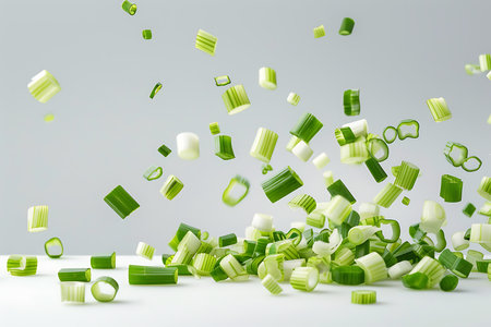 Displaying falling slices of green onions with fresh cut pieces in crisp detail, white ends, and isolated on a clean white surface.の素材