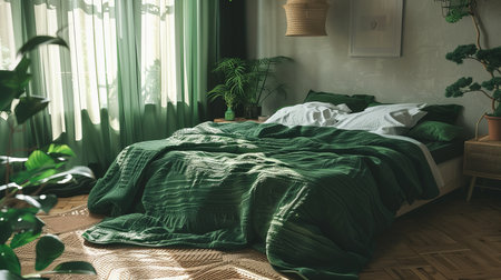 A cozy bedroom featuring a bed dressed in a textured green quilt, complemented by indoor plants and a wicker nightstand under gentle natural light.の素材