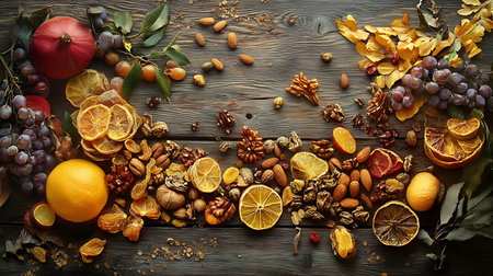 Displays assorted autumnal fruits, nuts, and leaves on a wood textured surface, creating a warm and inviting still life composition with organic elements.の素材