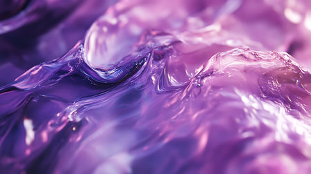 Features an abstract design with fluid art waves, showcasing a macro surface texture with shiny liquid effects in soothing purple and pink hues.の素材