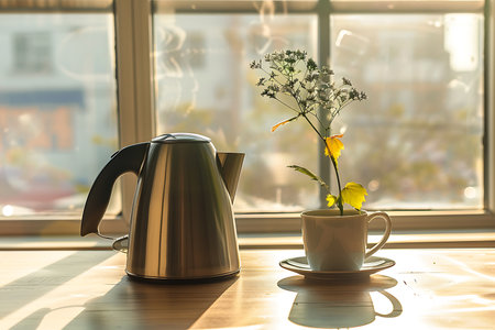 Features a stainless steel kettle beside a white teacup filled with wildflowers, placed on a sunlit wooden surface near a bright window.の素材