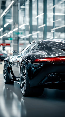 Showcases a polished black car with a striking tail light design, capturing its elegant curves and dynamic lines. The setting enhances the car's modern and sophisticated appeal.の素材