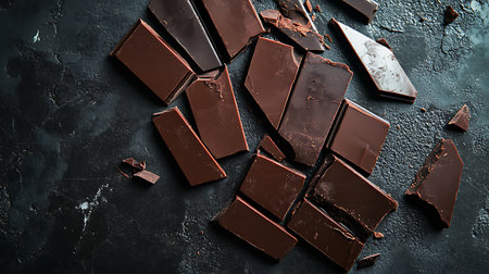 Overhead shot displays scattered dark chocolate pieces with varying sizes and shapes on a textured dark surface. Some have bite marks adding a touch of realism and allure.の素材