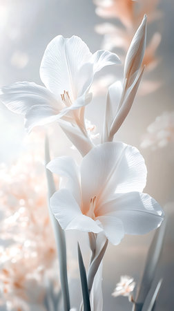 Features a delicate white gladiolus flower close-up, highlighting its petals and form under soft lighting. The background softly blends into a pastel palette.の素材