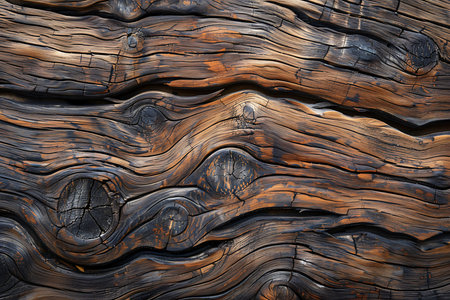 Displaying a close up view of aged wood with knotty grain, highlighting textures, dark brown tones, and natural patterns of the timber surface detail.の素材