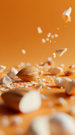 Almonds and pieces falling against an orange backdrop, captured in a close-up studio shot. The macro photography highlights details and textures.の素材