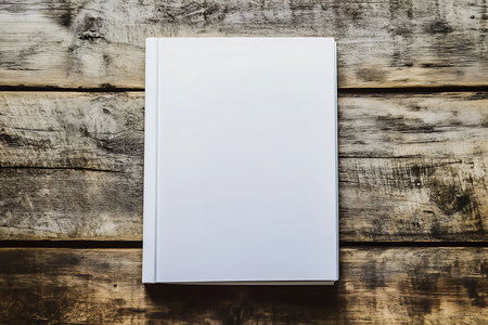 Features a crisp, white hardcover book centered on a rustic wooden surface, highlighting texture and simplicity.の素材
