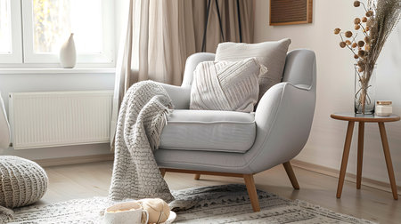 Luxury living room interior with comfortable cozy grey armchair with cushionsの素材