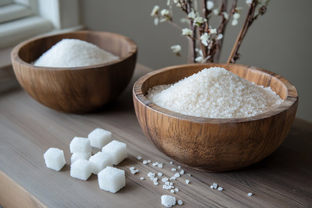 Sweet white sugar in bowl with cubes on wooden background, food ingredientの素材