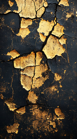 Cracked golden paint texture on aged concrete wall with vintage effectの素材