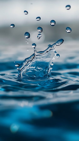 Close-Up of Water Drops on Smooth Surface with Blue Backgroundの素材