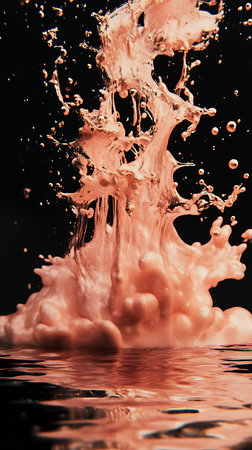 Rose gold color splash against a black background, artistic abstract effectの素材