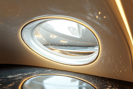 Elegant business jet cabin with sunlight streaming through porthole windowの素材