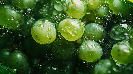 Overhead view of fresh green grapes with water droplets, close up shotの素材