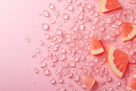 Fresh grapefruit slices with melting ice and water drops on pink background, top viewの素材
