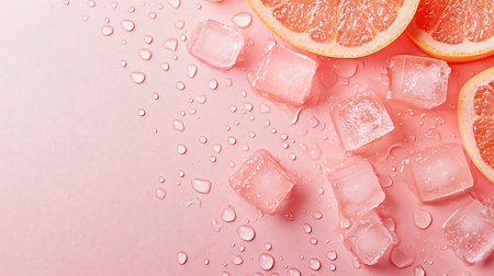Half-sliced grapefruit with ice cubes and water drops on pastel pink backgroundの素材