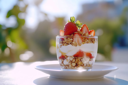 Strawberry Parfaits with Yogurt and Granola on Rustic White Tableの素材