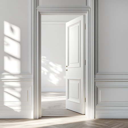 White open door isolated on white backgroundの素材