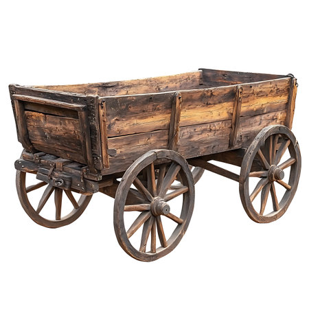 Wooden cart wagon isolated on white backgroundの素材