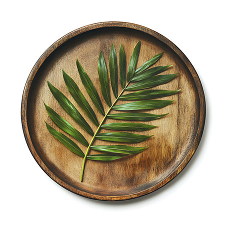 Wooden plate with palm leaf isolated on white backgroundの素材