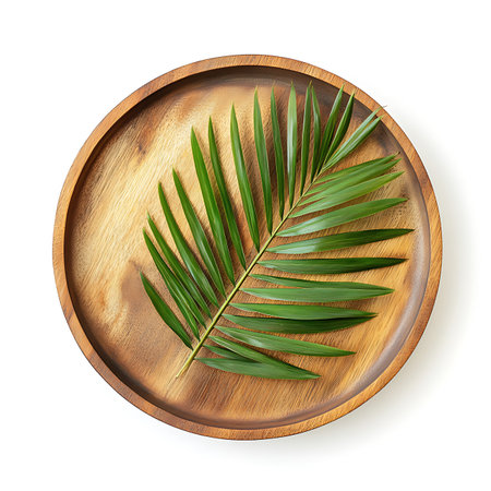 Wooden plate with palm leaf on white backgroundの素材