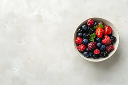 Top view of fresh ripe mixed berries in bowl on light grey tableの素材