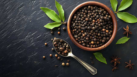 Bowl of aromatic cloves with spoon and fresh green leavesの素材